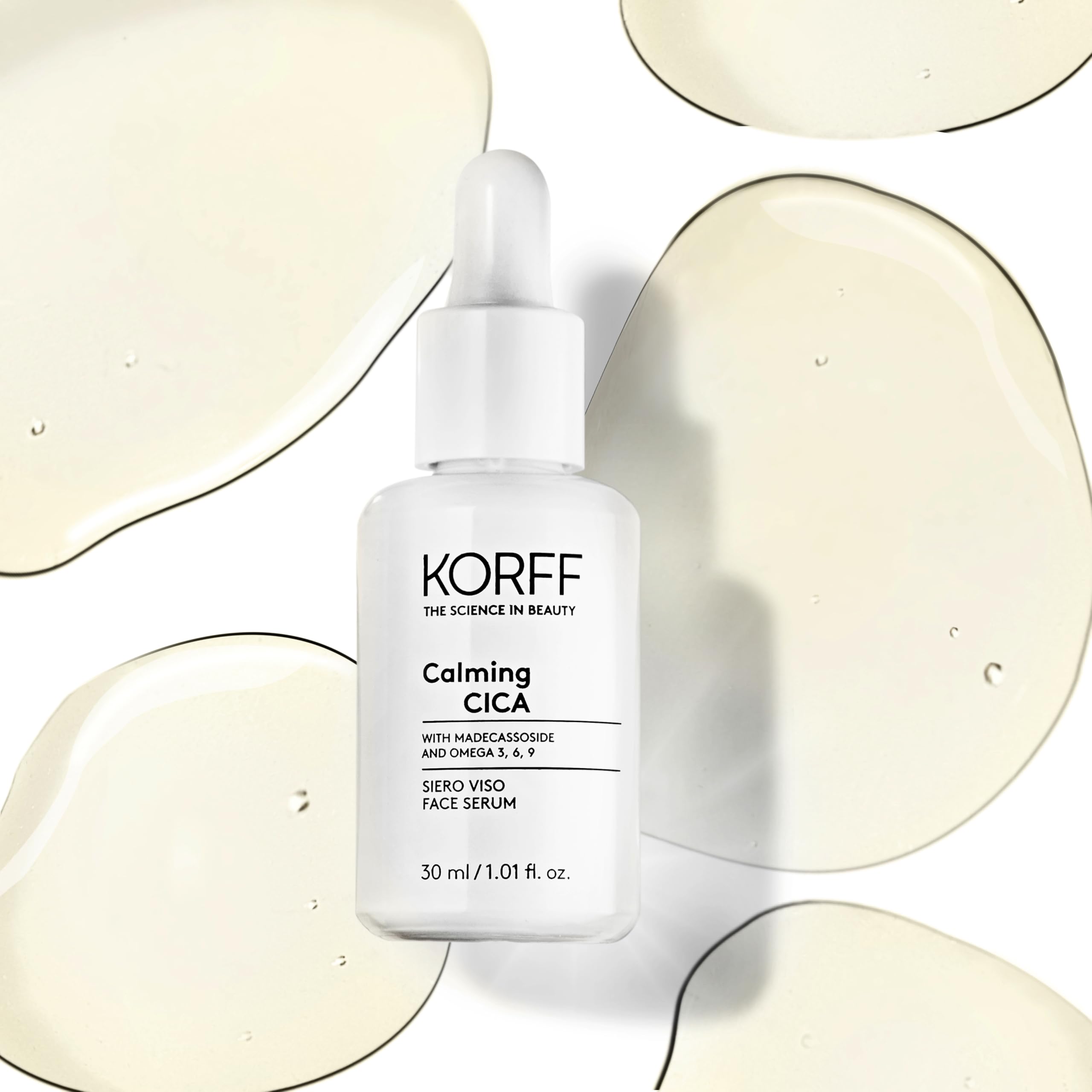 Korff Siero Calming Cica - Siero Viso Lenitivo e Idratante, Antirossore per Pelle Sensibile, con Vitamine e Biotici, 30ml