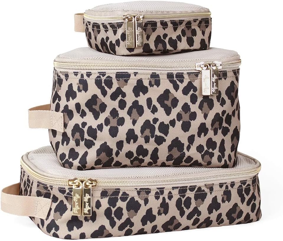 Travel Packing Cubes โ Set of 3 Baby Clothes Bag Organisers, Compression Cubes with Mesh Top, Fabric Handle, Travel Cubes for Backpack and Suitcases, Baby Essentials for Mums, Leopard