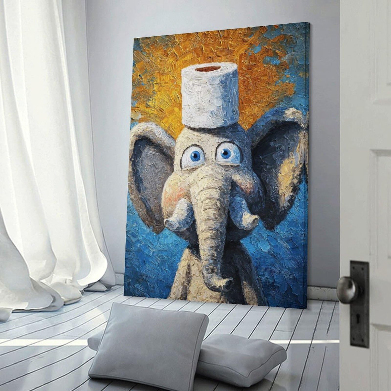 Junmoney Elephant with Toilet Paper Hat Wall Decor Canvas Print, 08x12inch(20x30cm), for Wall Displays, Bedrooms Or Room Updates, Wall Decor Suited to Curated Displays