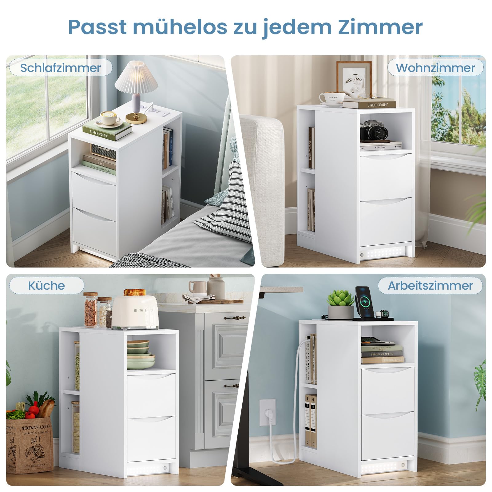 Brinlawb Nachttisch Schmal mit Ladefunktion und LED-Beleuchtung, Nachtschrank mit 3 offenen Fächern, 2 Schubladen Beistelltisch Schmal Sofatisch für Wohnzimmer, Schlafzimmer, Perfekt für kleine Ecke