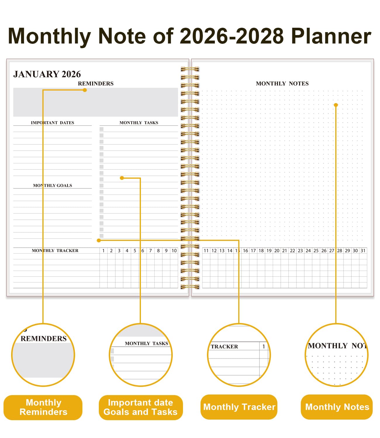 Planer miesięczny na rok 2026-2028, trzyletni kalendarz od stycznia 2026 do grudnia 2028 r., z wiązaniem spiralnym, kieszenią wewnętrzną, elastycznym zamknięciem, planer 36-miesięczny do domu, szkoły