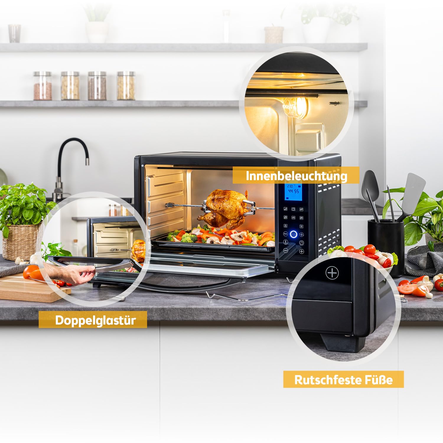 TZS First Austria - Minibackofen Digital 30L 1600W - Mini Backofen stufenlose Temperaturregelung bis 230°C - Miniofen 60 Min-Timer, 3 Einschubhöhen, Backblech & Grillrost - Für kleine Küchen & Camping