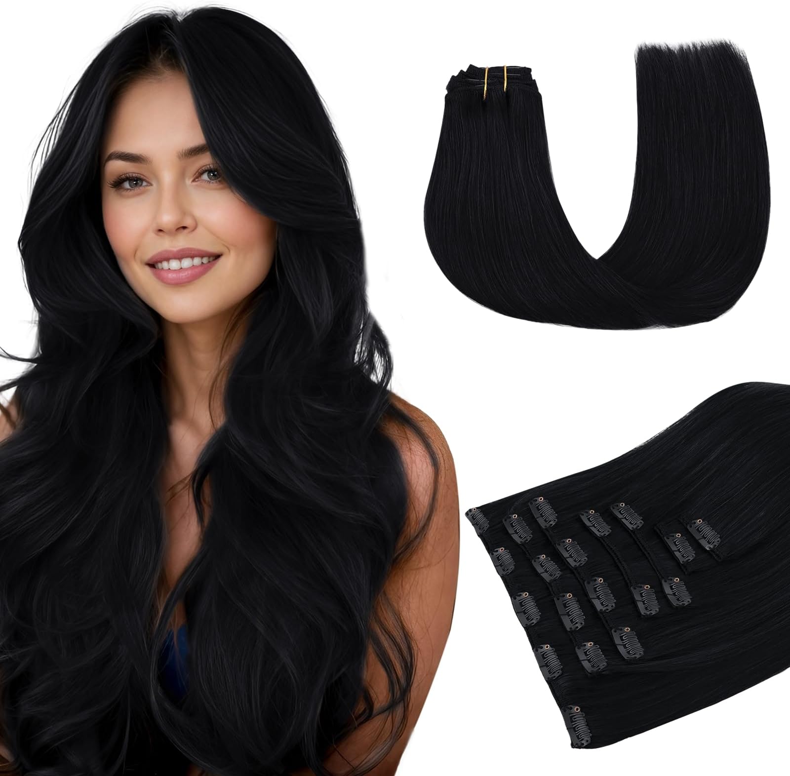 MAXITA Clip in Hair Extensions Real Human Hair, Remy Human Hair Clip in Extensions for Women, Natural Human Hair, 24 inch 120g 7Pcs, Jet Black