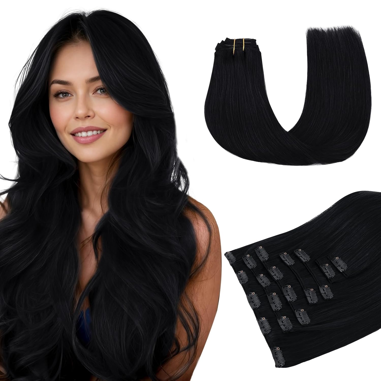 MAXITA Real Human Hair Extensions, 12 Inch Jet Black 80g 7pcs, Remy Straight Clip in Natural Hair for Woman 12 Inch-80g-7pcs #1 Jet Black