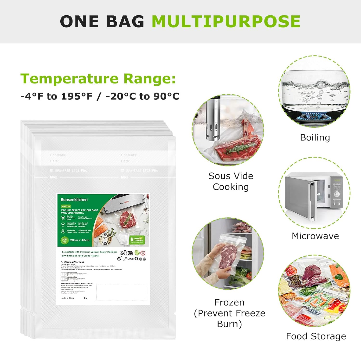 Bonsenkitchen BPA-free vacuum bags 28x40 cm, sous vide freezer bags, 100 pics professional for all vacuum sealers, VB3214 image 3