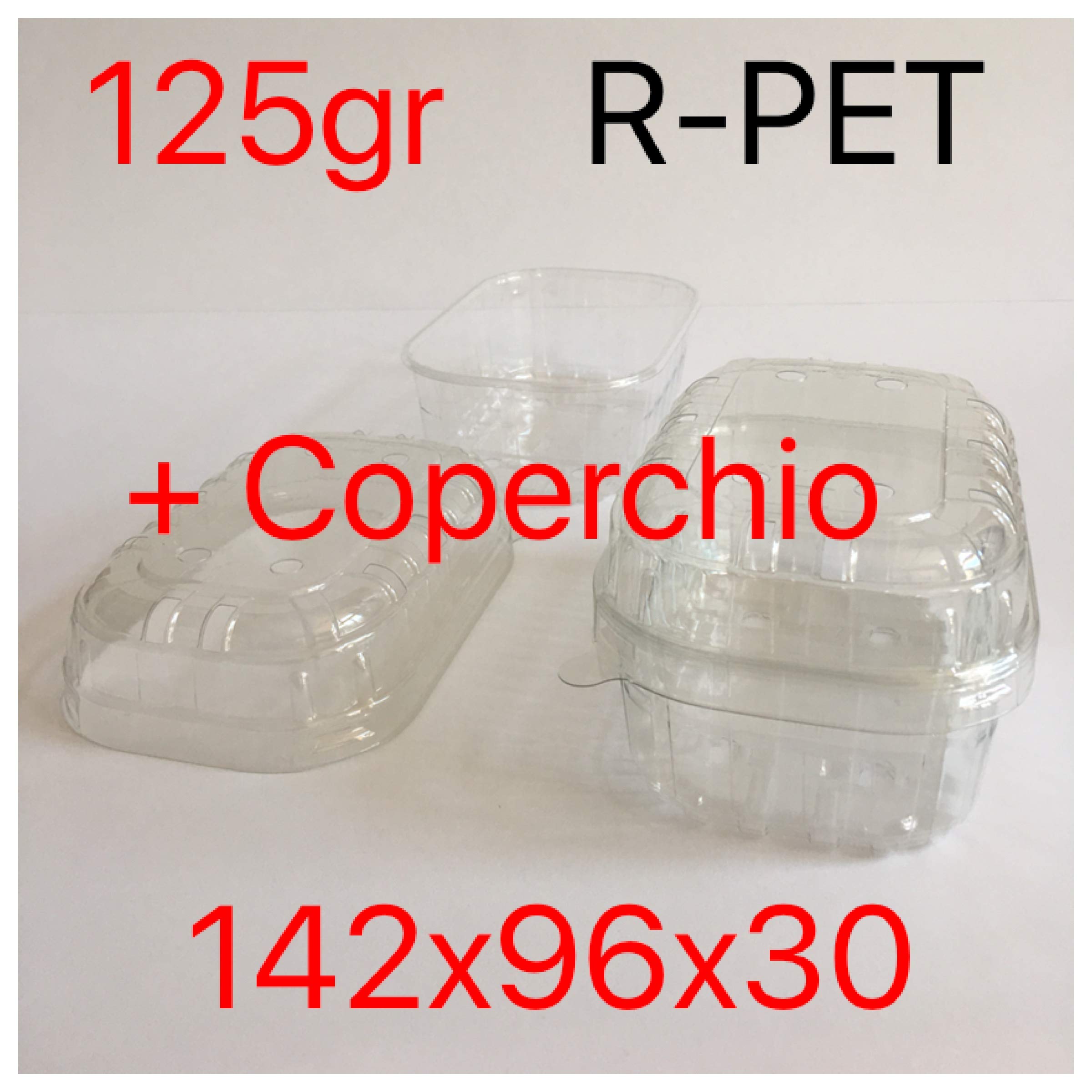 CESTINI CON COPERCHIO PER PICCOLI FRUTTI da 125 gr R-PET CONTENITORI VASCHETTE MUNITI DI FORI IDEALI PER FRUTTA e ORTAGGI (1150 BASI+1150 COPERCHI)+GADGET