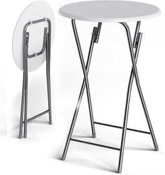CASARIA  Wood Effect Folding 60cm Bar Table | Height 110cm | Foldable Easy Care | Side Table Cocktail Round Dining High Garden Patio Balcony Terrace | White