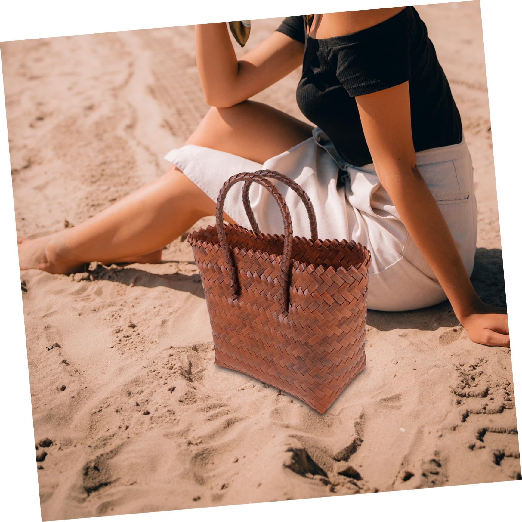 Bolso Tejido de Paja Vintage para Picnic y Uso Interior Gran Capacidad, Asa Resistente y Material PP Duradero para Almacenamiento Práctico