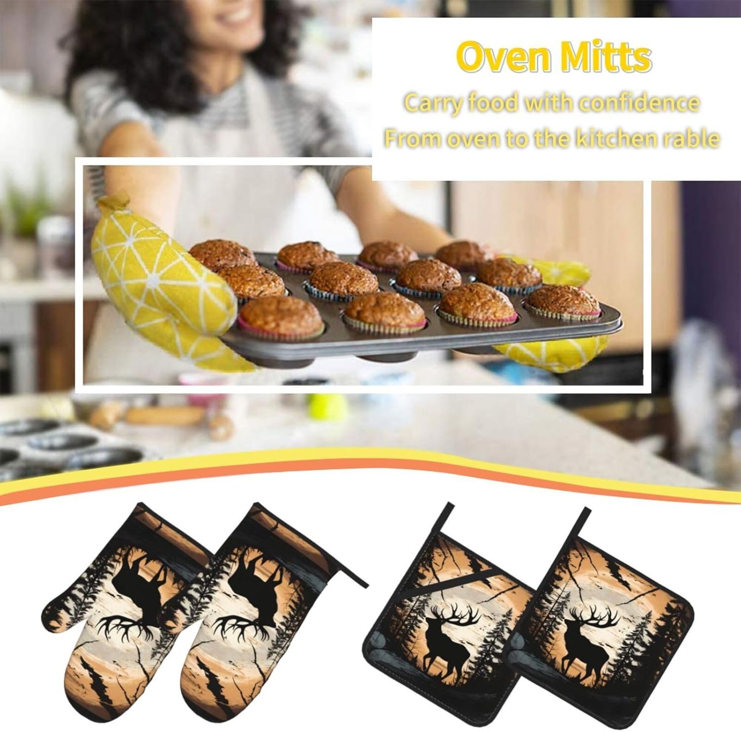 (Wild Elk Black Silhouette) Baking 4-Piece Set: 2 Oven Mitts and 2 Pot Holders Heat Resistant Waterproof Hanging Loop for Kitchen Oven Grill Housewarming Gifts