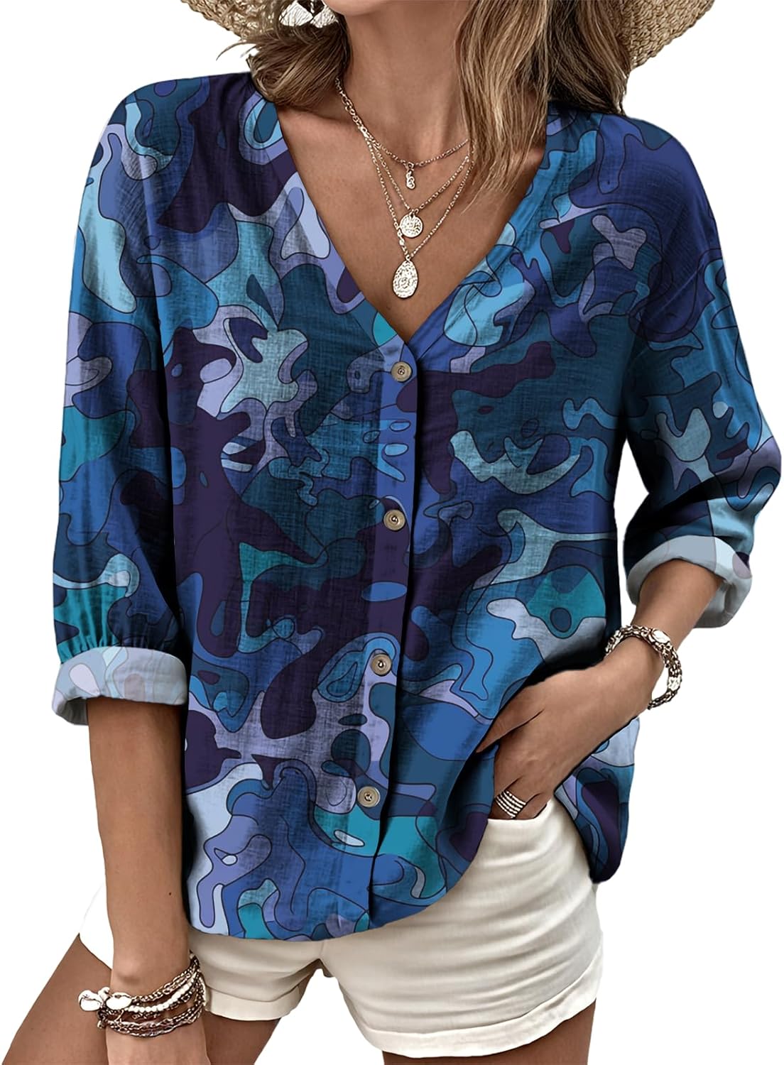 Summer Tops for Women 2025 Trendy V Neck Boho Vacation Casual Shirts Oversized Printed Vintage Versatile Tees