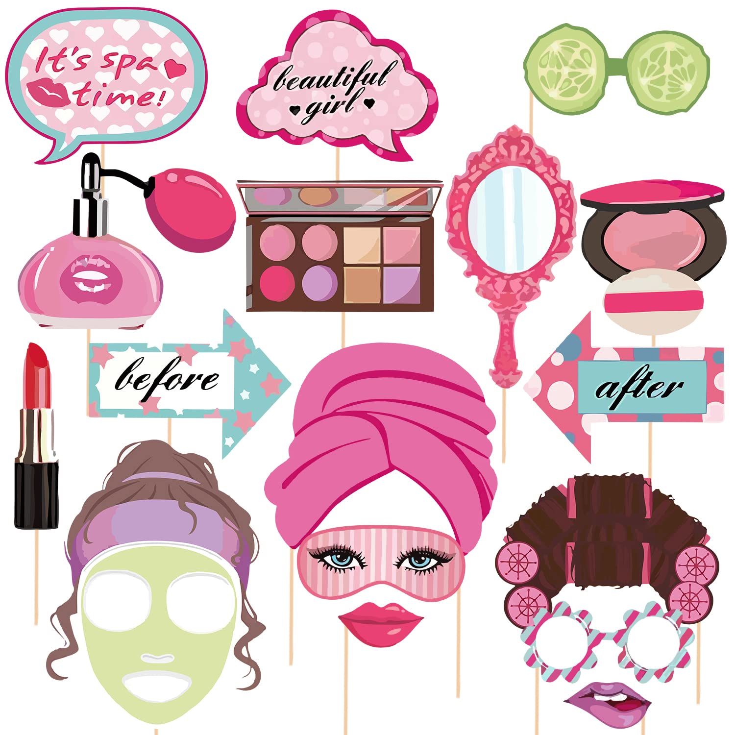 17 Pcs Spa Photo Booth Props With Stick - Party Decorations for Women, Girls, and Kids - Makeup Selfie Props