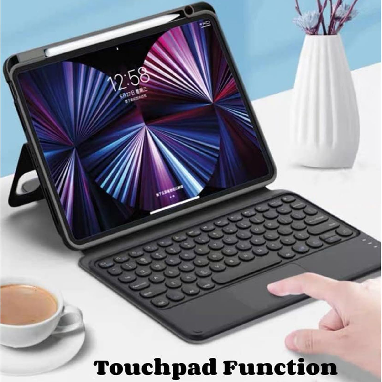 Funda con Teclado Vertical para iPad 10,2 Pulgadas 9ª/8ª/7ª Generación (2021/2020/2019), Trackpad Multi-Touch, Español QWERTY Teclado Inalámbrico Desmontable con Ratón Bluetooth, Verde Oscuro