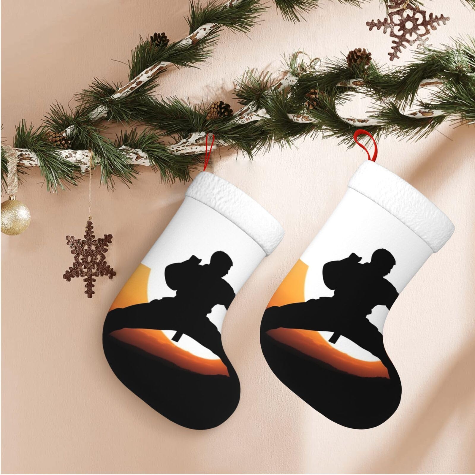 Karate Silhouette Christmas Stockings Velvet Xmas Fireplace Hanging Stocking with Plush Cuff Rustic Christmas Santa Stockings for Home Christmas Decorations Party Favor Supplies