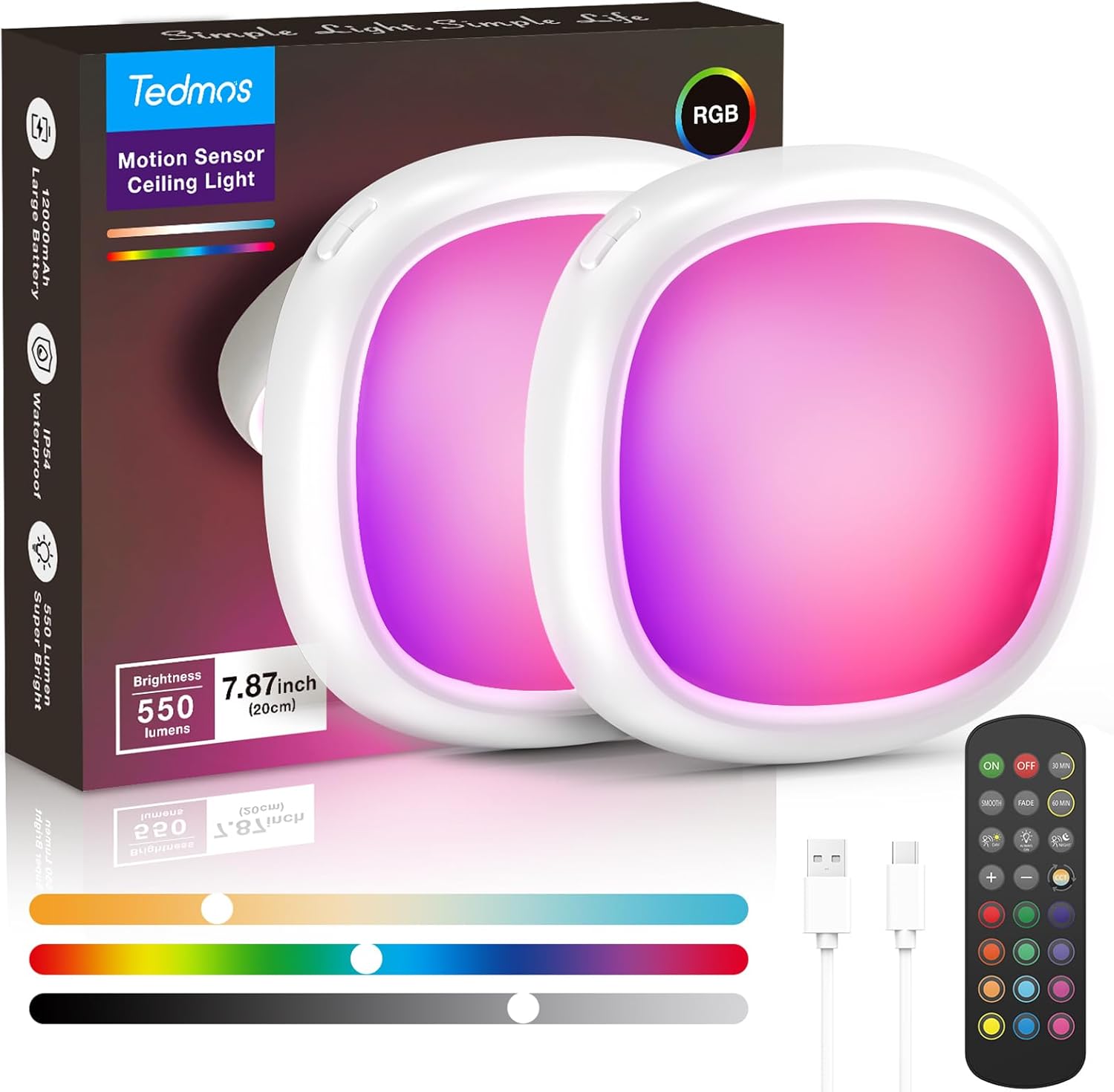 2 Pack Rechargeable Shower Light for Inside Shower, 12000mAh Motion Sensor Wireless Ceiling Light with Remote No Wiring, Battery Operated Closet Lights Cordless LED Overhead Lighting for Bathroom