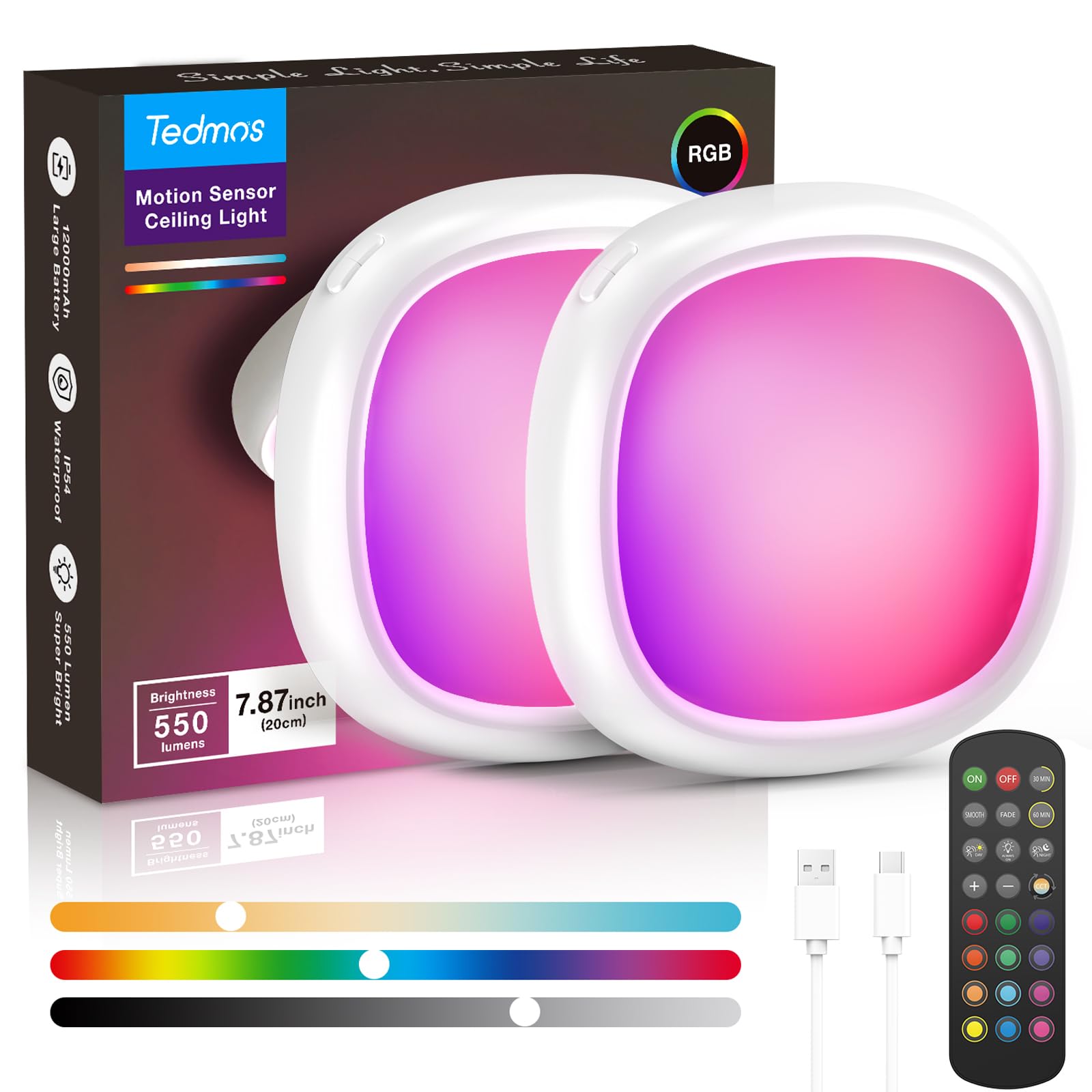 RGB Akku Deckenlampe mit Bewegungsmelder Ohne Stromanschluss, IP54 Wasserdicht 550LM 12000mAh Batterie LED Deckenleuchte mit Fernbedienung, Aufladbar Garage Lampe Kellerlampe für Innen Bad Keller