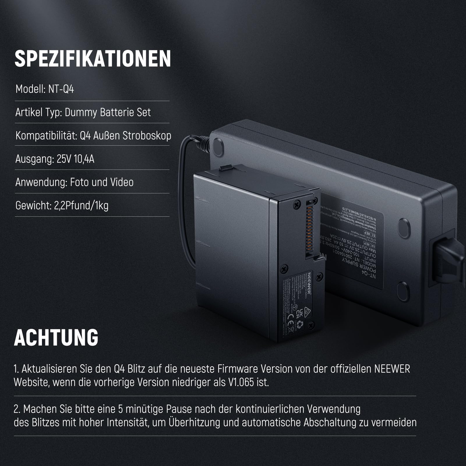 NEEWER Q300 Dummy Akku Set - Netzteil Für Q300 Blitzlicht Mit 5m Kabel & EU-Stecker