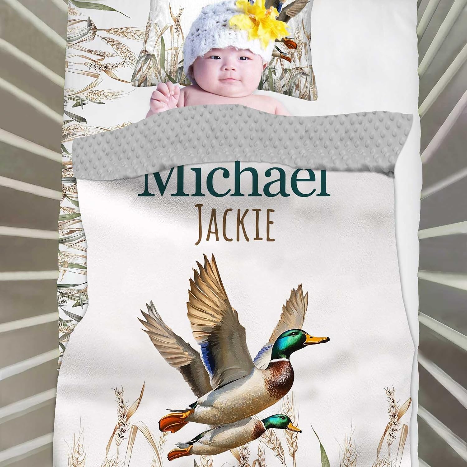 Custom Baby Bedding Set for Boys Girls, Personalized 3 Piece Wild Duck Baby Sets, Dotted Backing Blanket, Fitted Sheet, Nursery Bedding Set for Newborn Toddler Infant