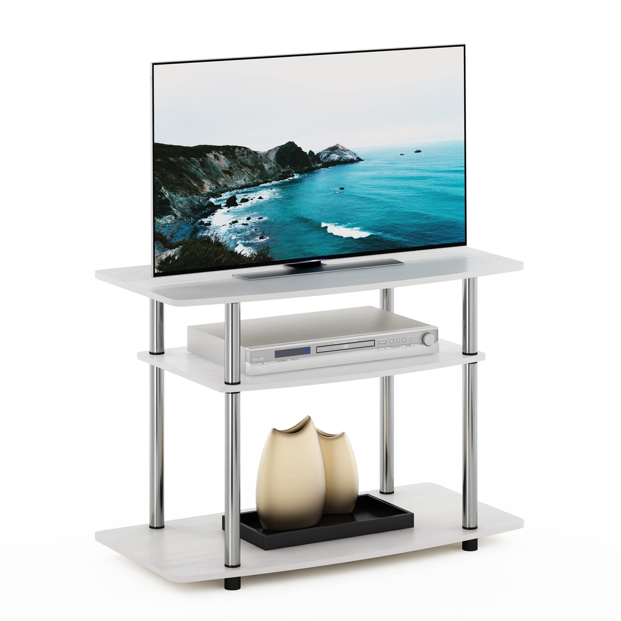 Photo 1 of Furinno Turn-N-Tube No Tools 3-Tier Entertainment Center TV Stand for TV up to 32 Inch with Stainless Steel Tubes, White Oak/Chrome
