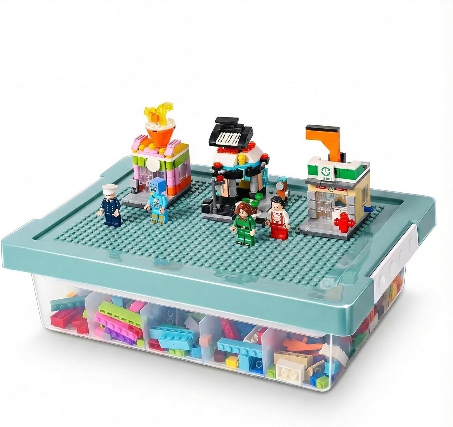 Toy Storage Organizer Box for Lego Bricks with Compatible Building Plate Lid, 3-Layer Removable Sorting Trays, Stackable Plastic Storage Bin, Building Block Organization (1pc-green)