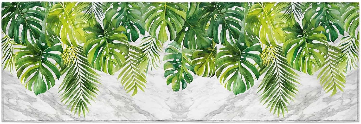 Teamery Kitchen Mats for Floor Watercolor Green Palm Leaves Gray Marble Washable Non Slip Kitchen Rugs 1PCS, Summer Foliage Absorbent Standing Mats for Sink Bathroom Office Living Room 23.6x70.9in