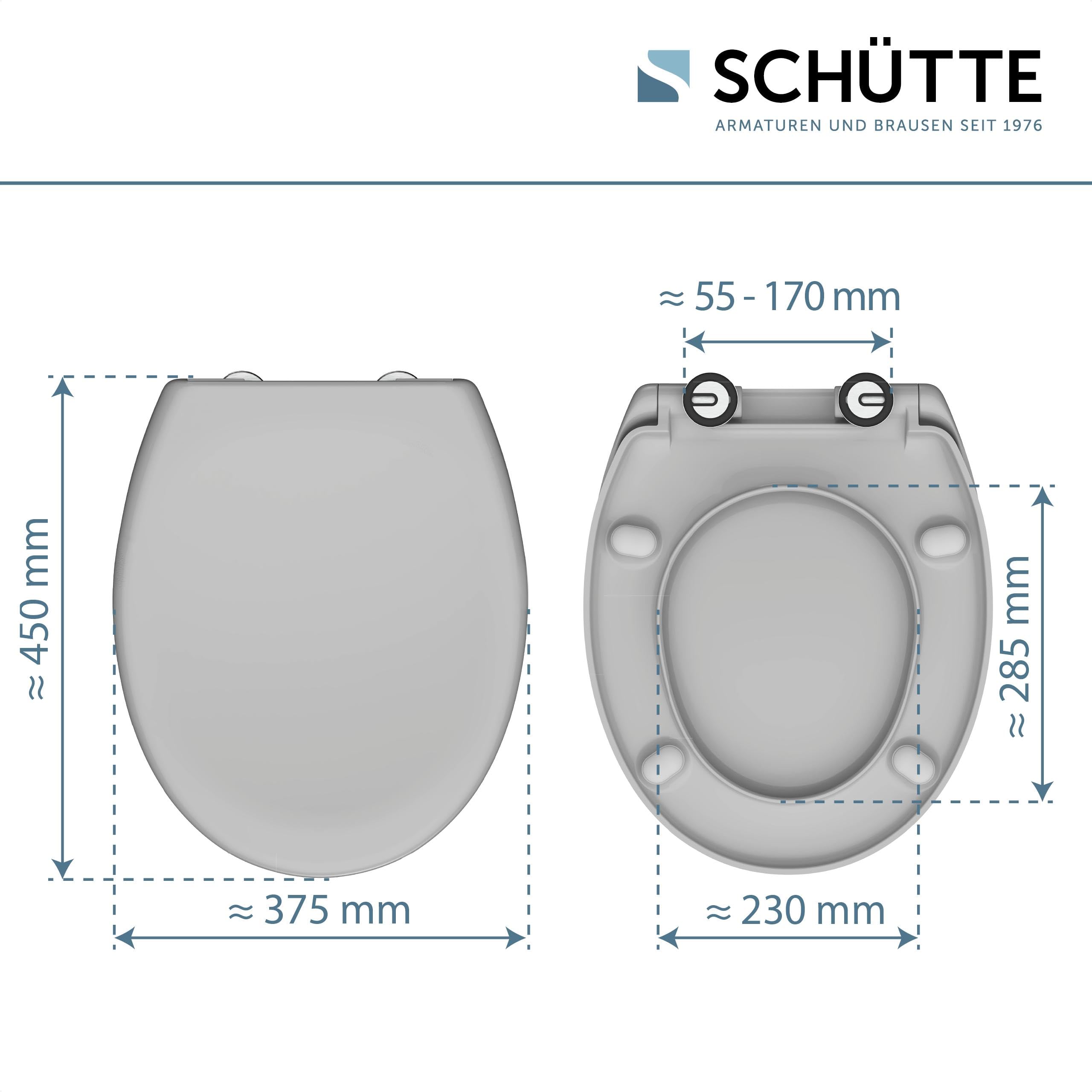SCHÜTTE Oval WC-Sitz mit Absenkautomatik, Abnehmbarer Klodeckel aus bruchsicherem Duroplast, DIY Montage mit Klebepads und Schablone, Toilettendeckel und Brille bis 200 kg belastbar, Grau