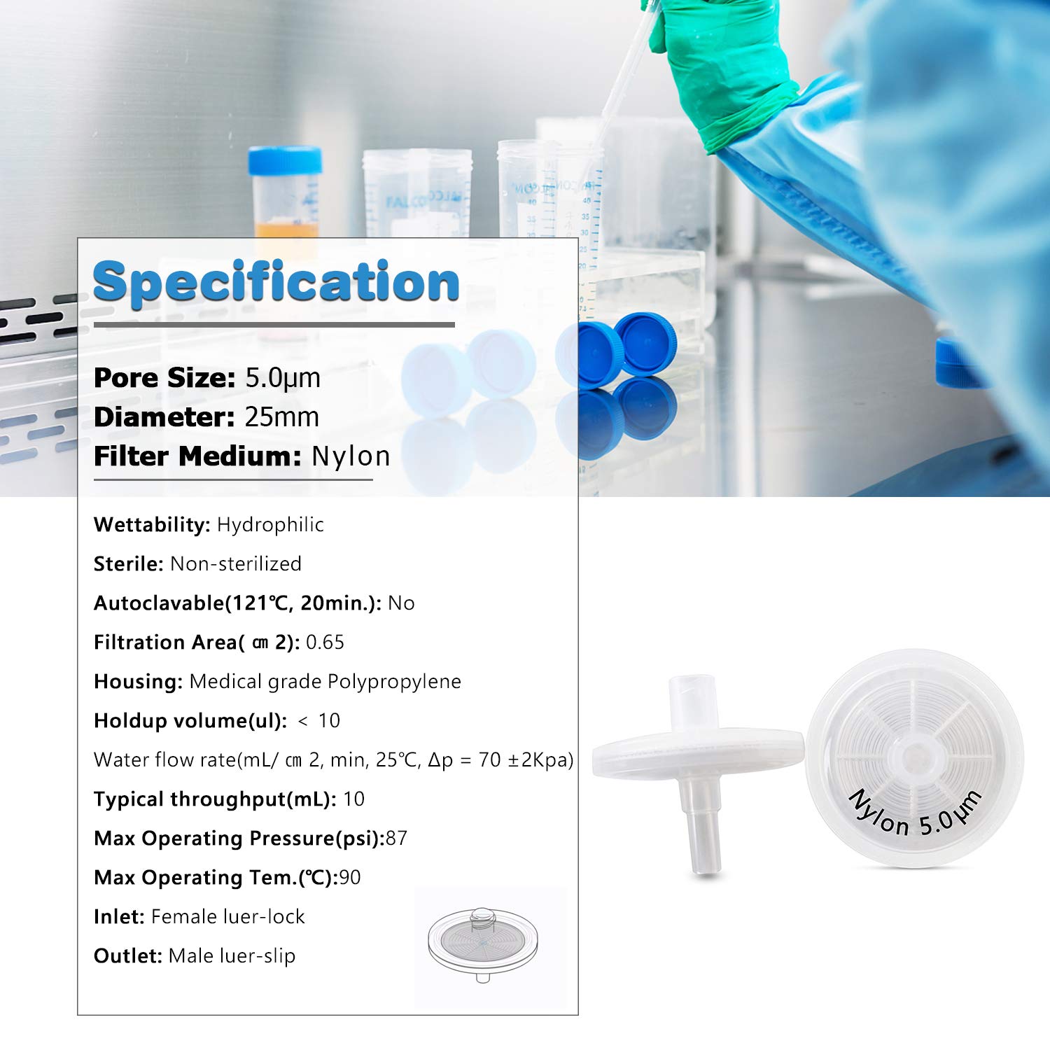 Biotechnology Spritzenfilter, Nylon-Membran, 25 mm Durchmesser, 1,0 μm, Porengröße, Laborfilter, 100 Stück, Nylon-25mm-5.0um, weiß