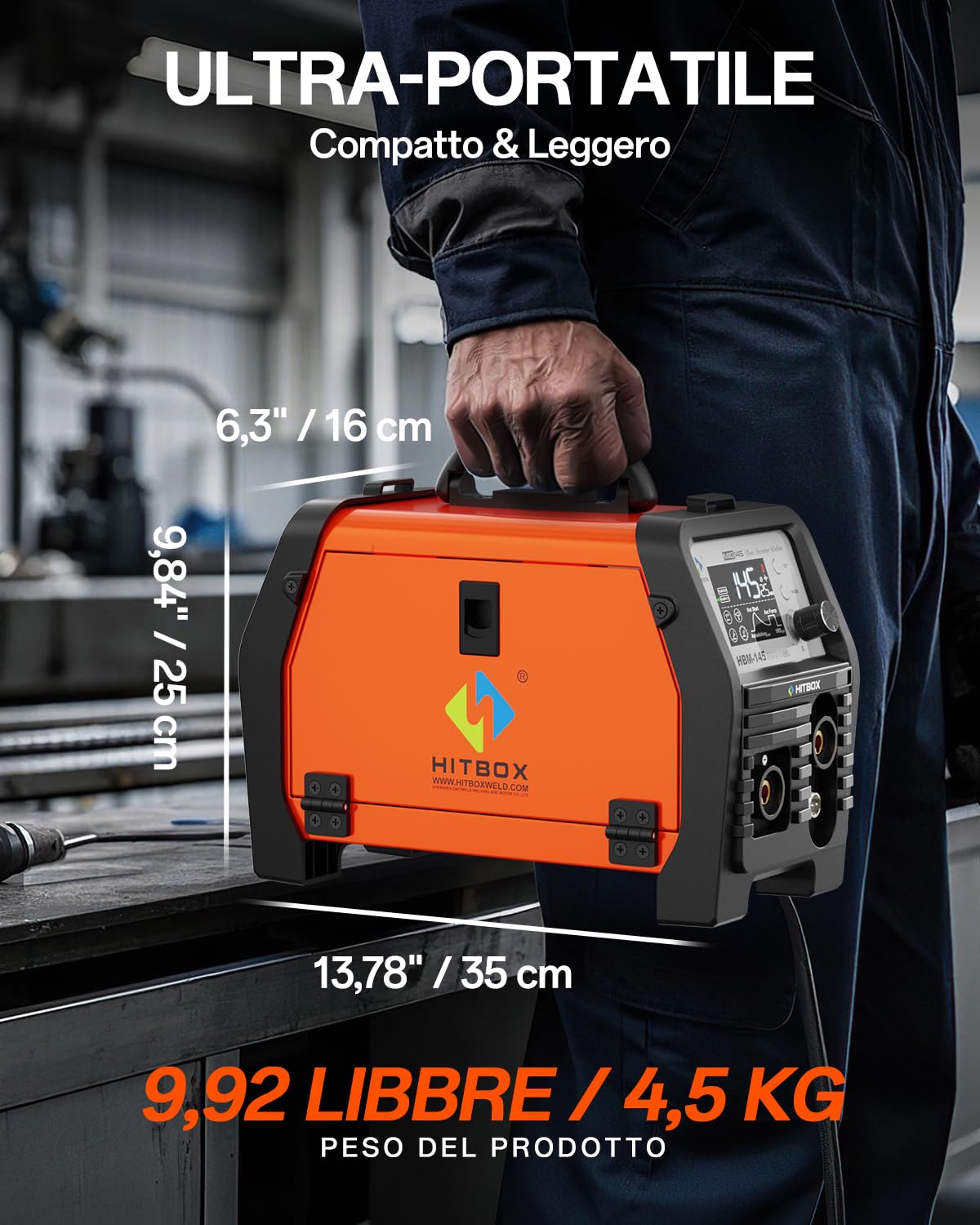 HITBOX 145A Saldatrice a Filo Continuo 4 in 1 – Saldatrice 230V con Display LED – Macchina per Saldatura MIG/ARC/Lift TIG/Spool Gun con Nucleo di Flusso (HBM145)