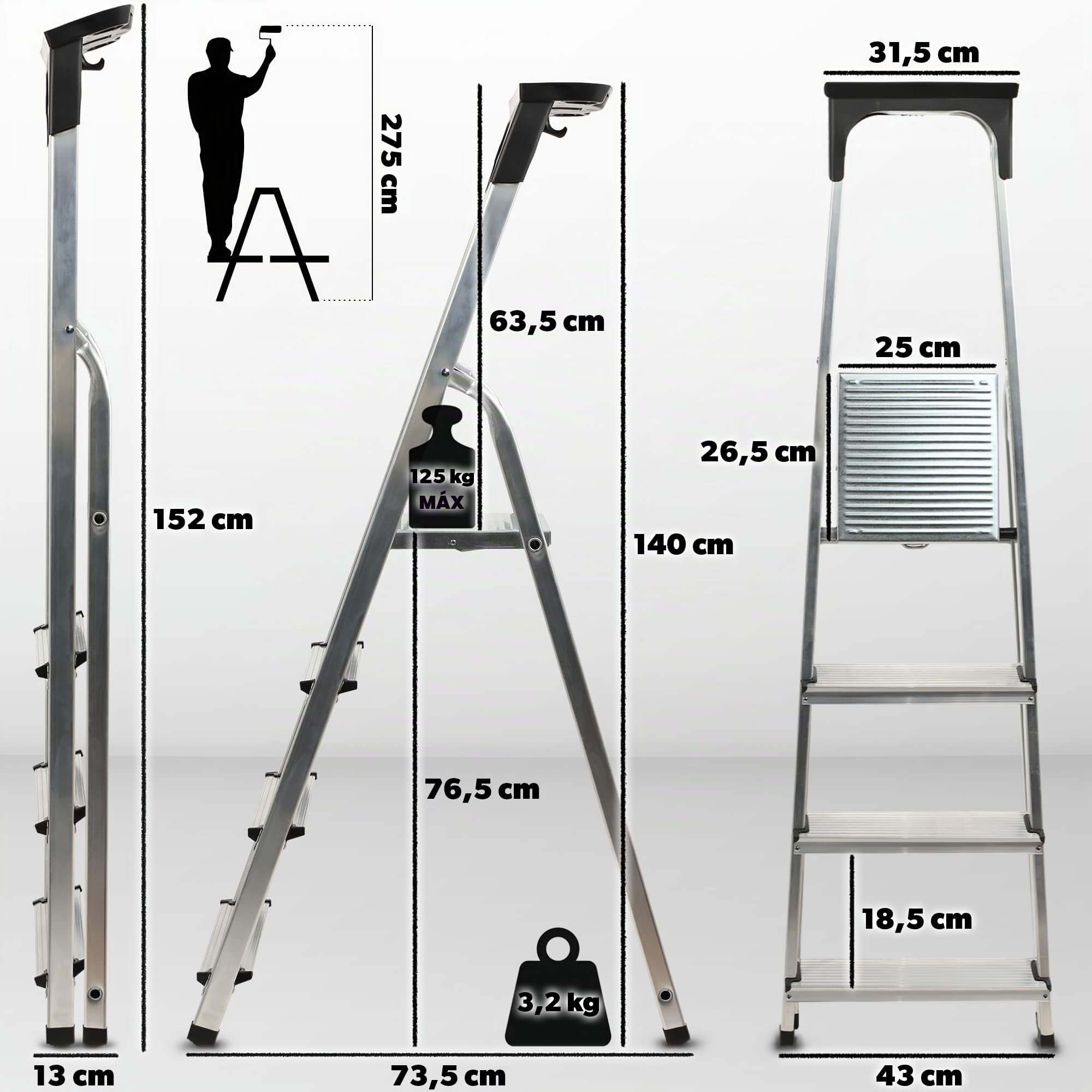KADAX Escalera de Aluminio con 4 Peldaños Antideslizantes, Capacidad de Carga de 125 kg, Soporte para Herramientas y Diseño Plegable para Uso Doméstico