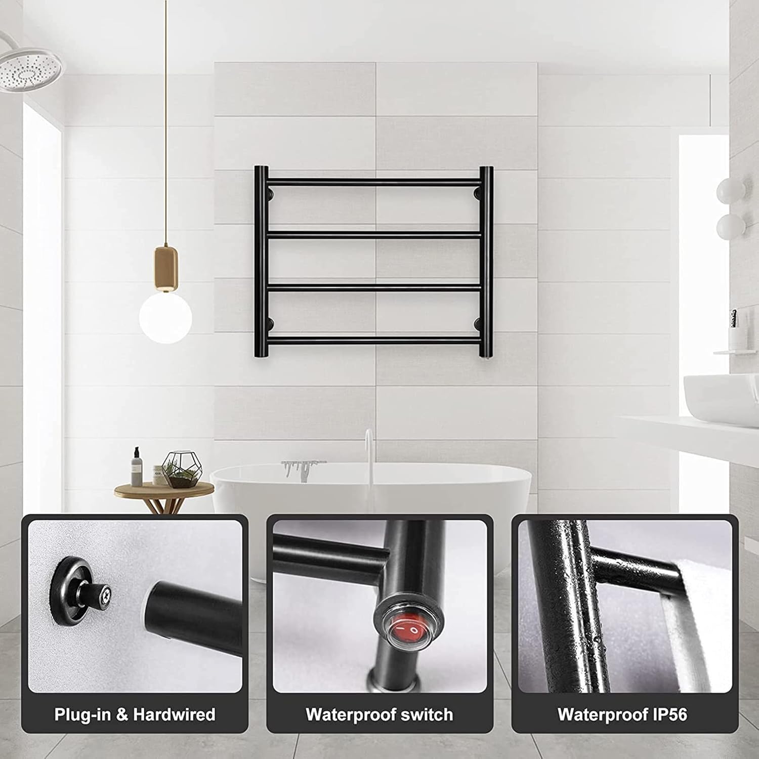 Wall MountedTowel Warmer Black, Stainless Steel Electric HeatedTowel Rack, Bathroom HeatedTowel Rack Radiator with Waterproof Switch, 48W, 540X450x120mm,Plug in (Plug in