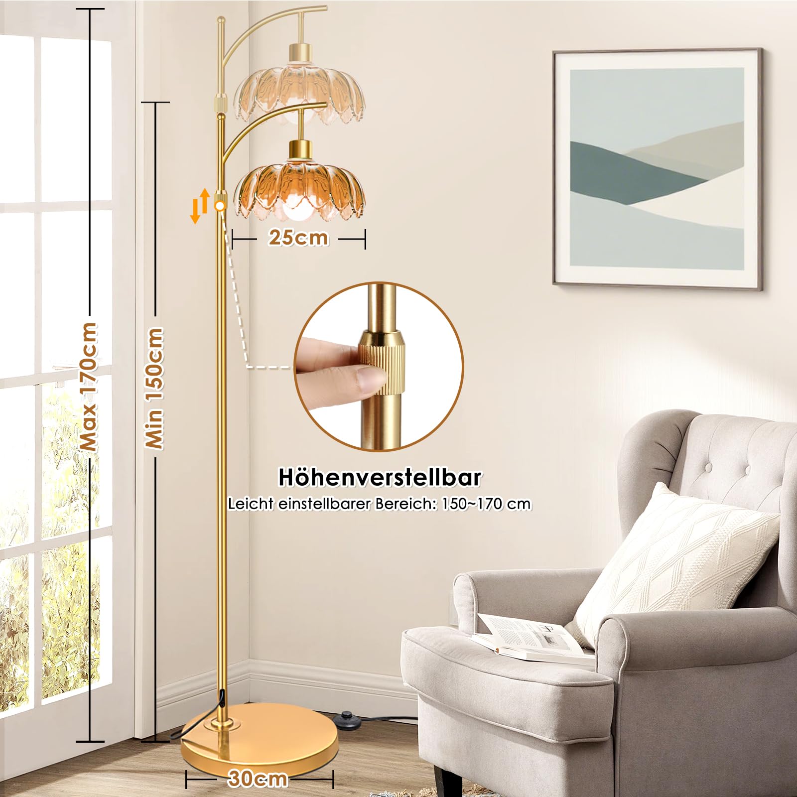 Stehlampe Wohnzimmer Vintage Gold Dimmbar mit Fernbedienung: Moderne LED Leselampe Messing Bogen für Schlafzimmer, Büro, Retro Klassische Design mit Braun Schirm, Boho & Mid Century Modern, Groß 175cm