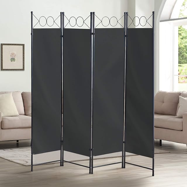OFCASA Folding Panel Screen with 4 Panels Grey Room Divider Screen with Metal Frame Movable Wall Furniture Indoor Outdoor Bedroom Office Patio Privacy