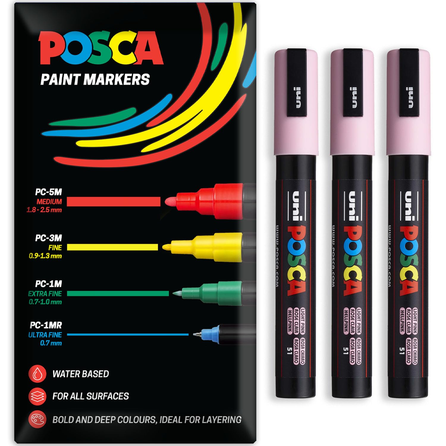 Posca Water Based Acrylic Paint Marker Pens | Multi Surface Use Permanent Paint Pen | Pack of 3 Pens in Envelope Gift Packaging | Glass, Fabric, Canvas, Wood etc | PC-5M, Light Pink