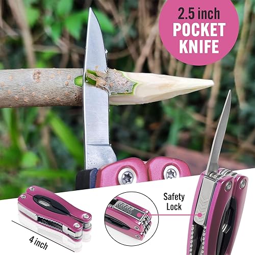 Miniatura 4 de Multiherramienta rosa 15 en 1 para mamá, esposa, hija, abuela, práctica alicates multiherramienta EDC, cuchillo de bolsillo con bloqueo de
