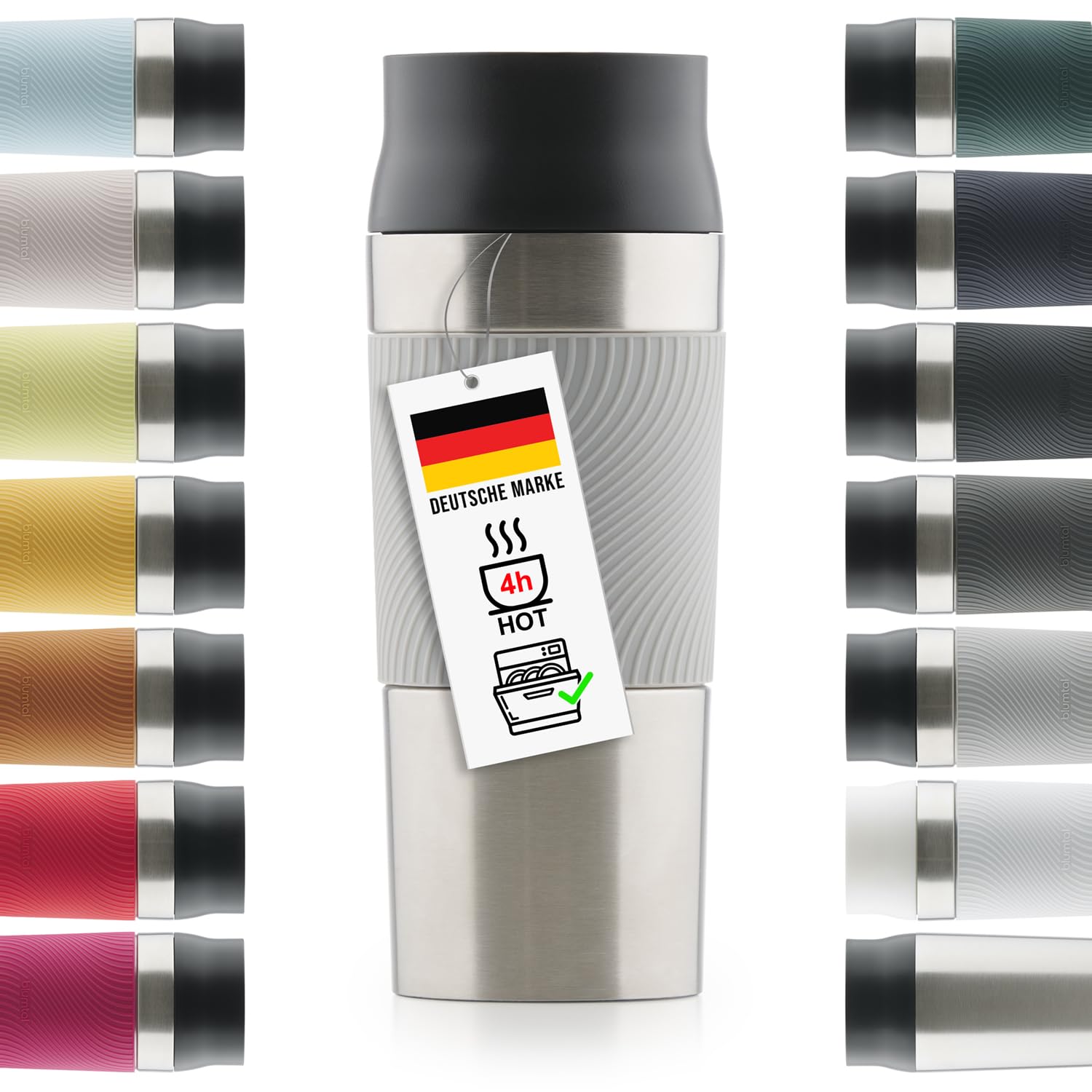Blumtal Thermobecher 350 ml - Kaffeebecher to go aus Edelstahl - auslaufsicherer Isolierbecher kalt/heiß - Mug mit 360° Trinköffnung - Thermosbecher mit Quick-Press-Verschluss - Coffee Mug - Grau