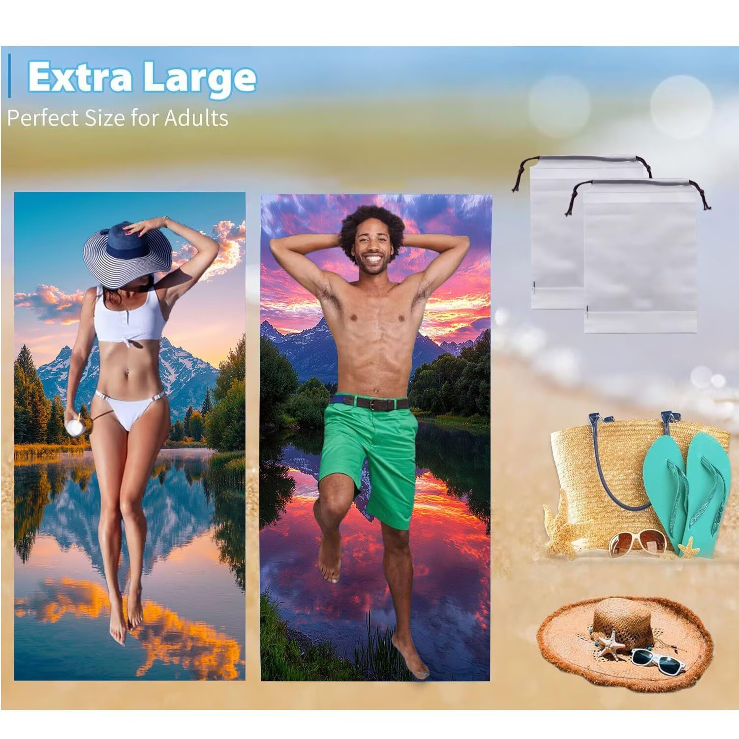 Ręcznik plażowy 90 x 200 cm, zestaw 2 dużych ręczników z mikrofibry szybkoschnący, chłonny, kompaktowy, ręcznik kąpielowy bez piasku lato koc plażowy damski do kąpieli prezent (krajobrazy jeziora) H