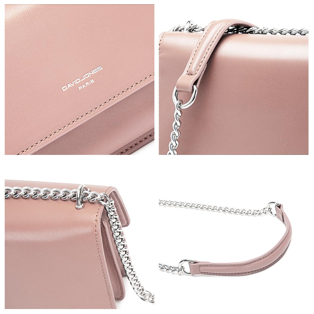 David Jones - Pequeño Bolso Bandolera Cadena Mujer - Bolsos de Hombro Cruzado Cuero PU - Mensajero Crossbody Bag - Bolso Mano Zip Embrague Clutch Pochette Noche Telefono - Blanco