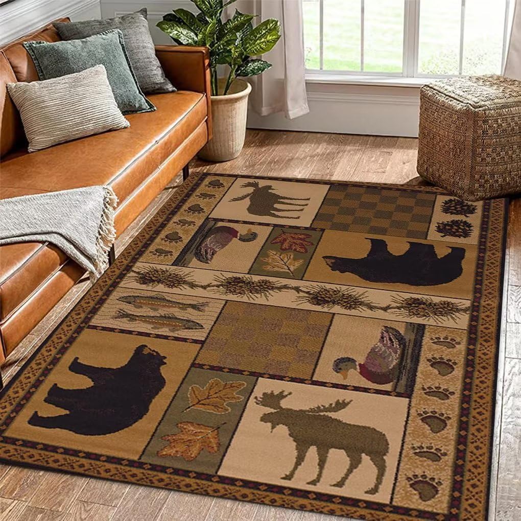 Rustic Lodge Cabin Bear Area Rug for Living Room Soft Vintage Maple Leaves Print Carpet Apartment Decor Brown Wildlife Rugs 5'x7' - Image 4