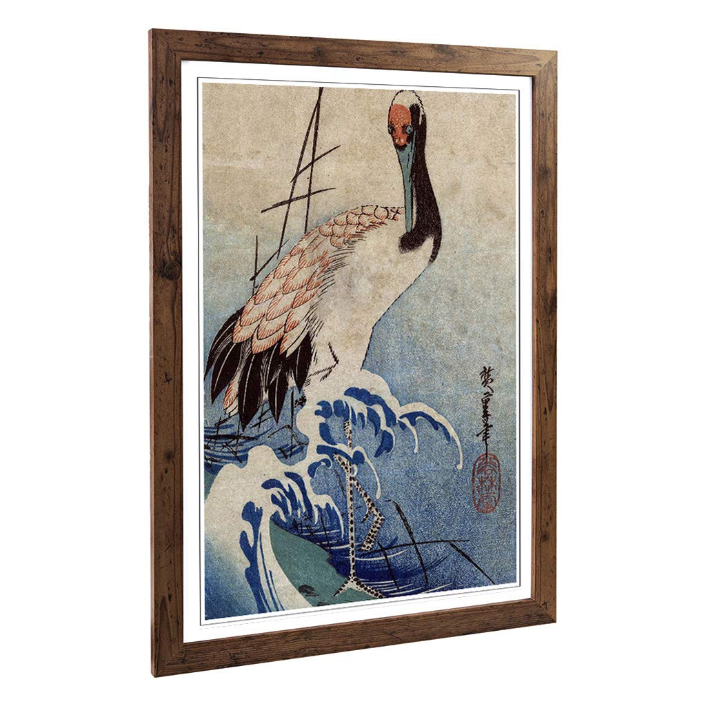 Big Box Art Framed Print of Hiroshige Japanese Oriental Crane in Waves Design | Wall Art Picture | Home Decor for Kitchen, Living Room, Bedroom, Hallway, Walnut, A2 / 24.5x18 Inch / 62x45cm