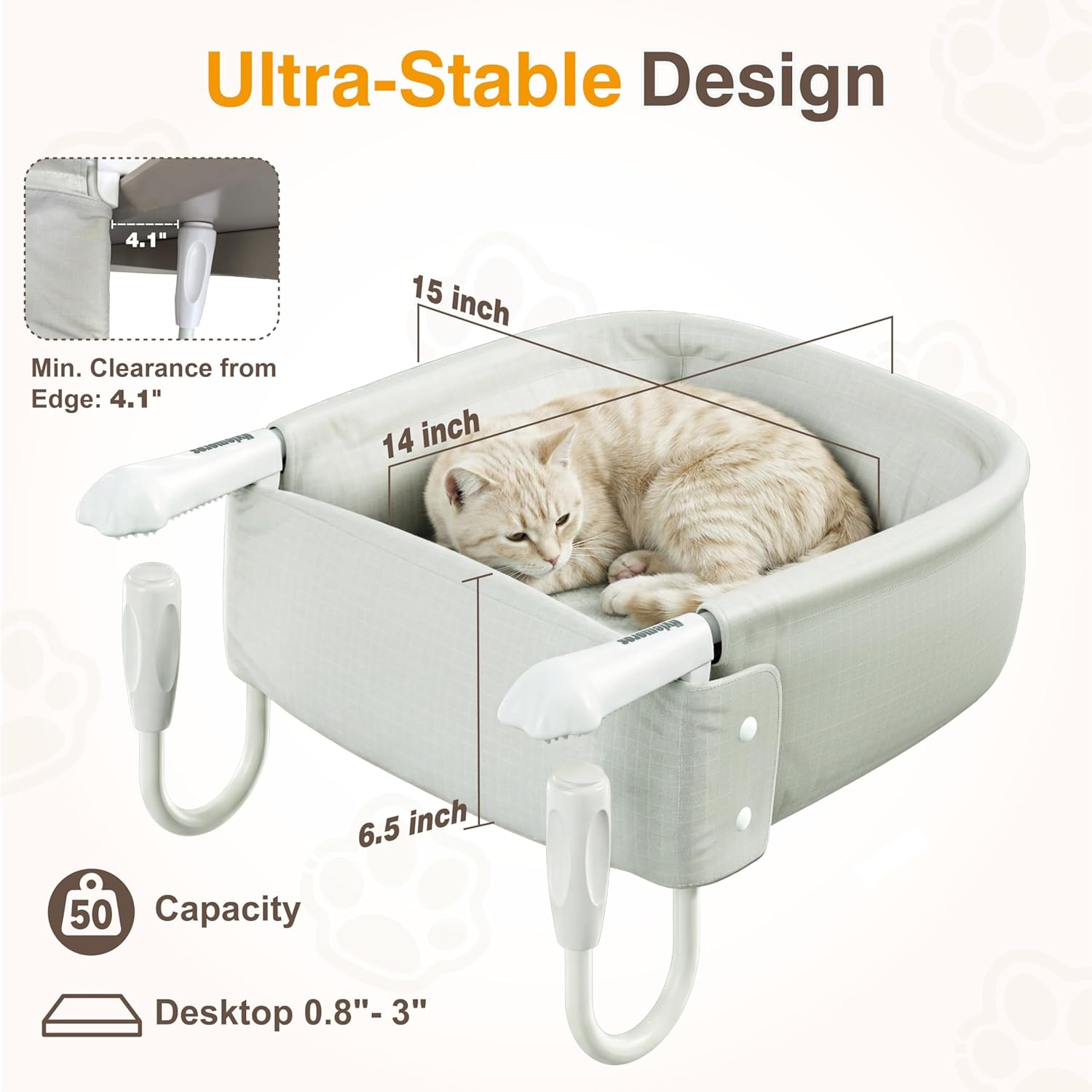 Cat Desk Bed for Large Cats 50 lbs Heavy Duty Cat Bed for Desk Attachment with Paw Design Extra-Sturdy Dog Chair Dual-Sided Mat Waterproof Easy Assembly for Gaming Desk Kitchen Island White