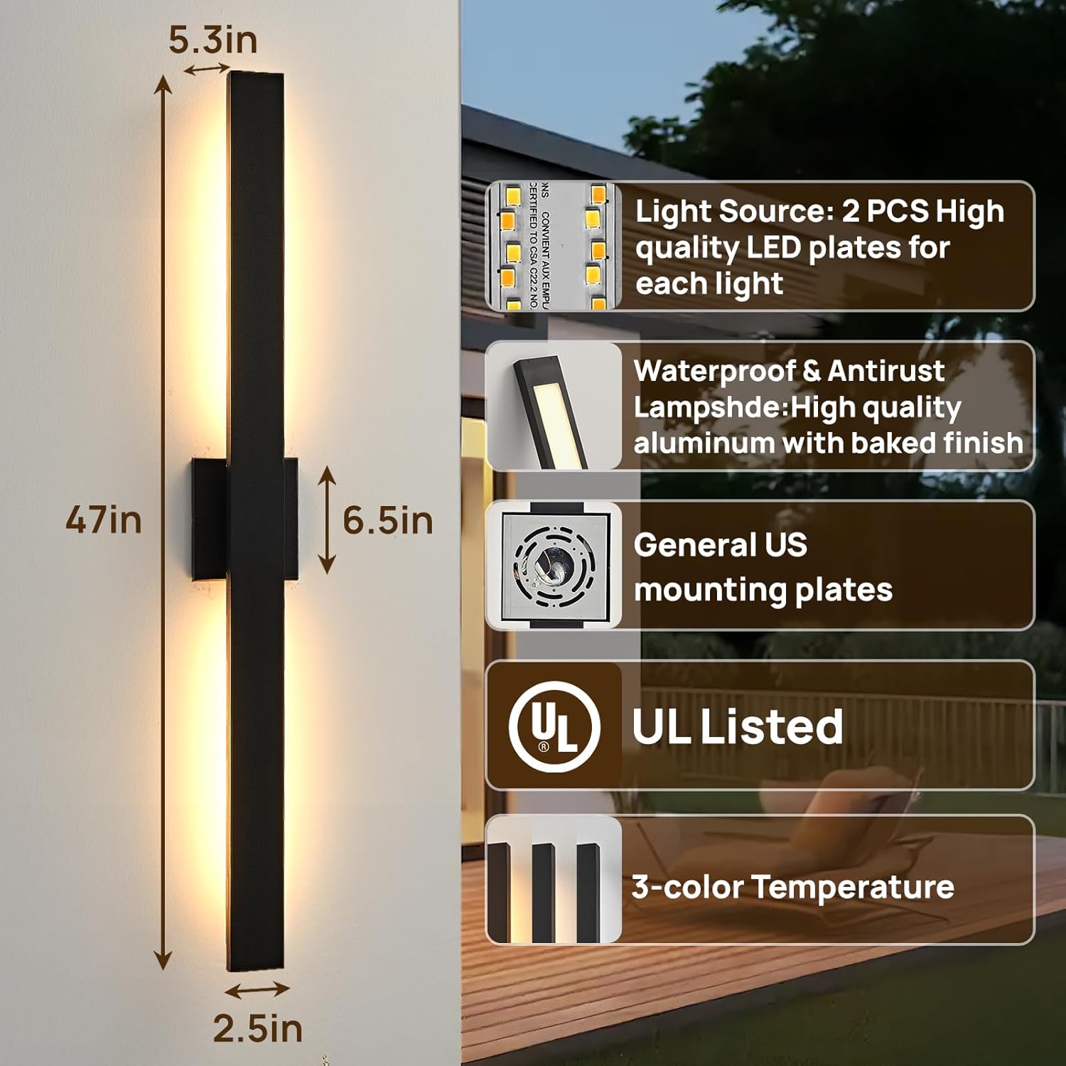 upgraded 47in black long modern led outdoor wall lights 3000k 4000k 5000k dimmable exterior wall sconce outside light fixtures for house garage front door 47 inch 1 pack