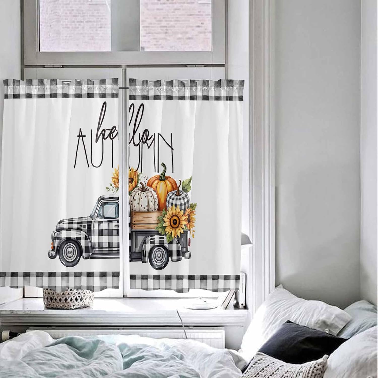 Black White Truck Fall Kitchen Curtains, Pumpkins Thanksgiving Checkered Light Filtering Window Curtain Panels, 2Pcs Rod Pocket Window Treatments Set for Cabin Bathroom Bedroom 52x45 Inches