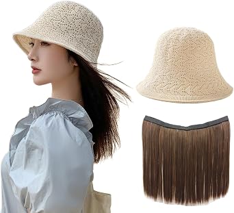 Hat Wig,Hat with Hair Attached for Women, Popular Bucket with Fake Wig,Long Straight Hair Extensions,for Spring/Summer