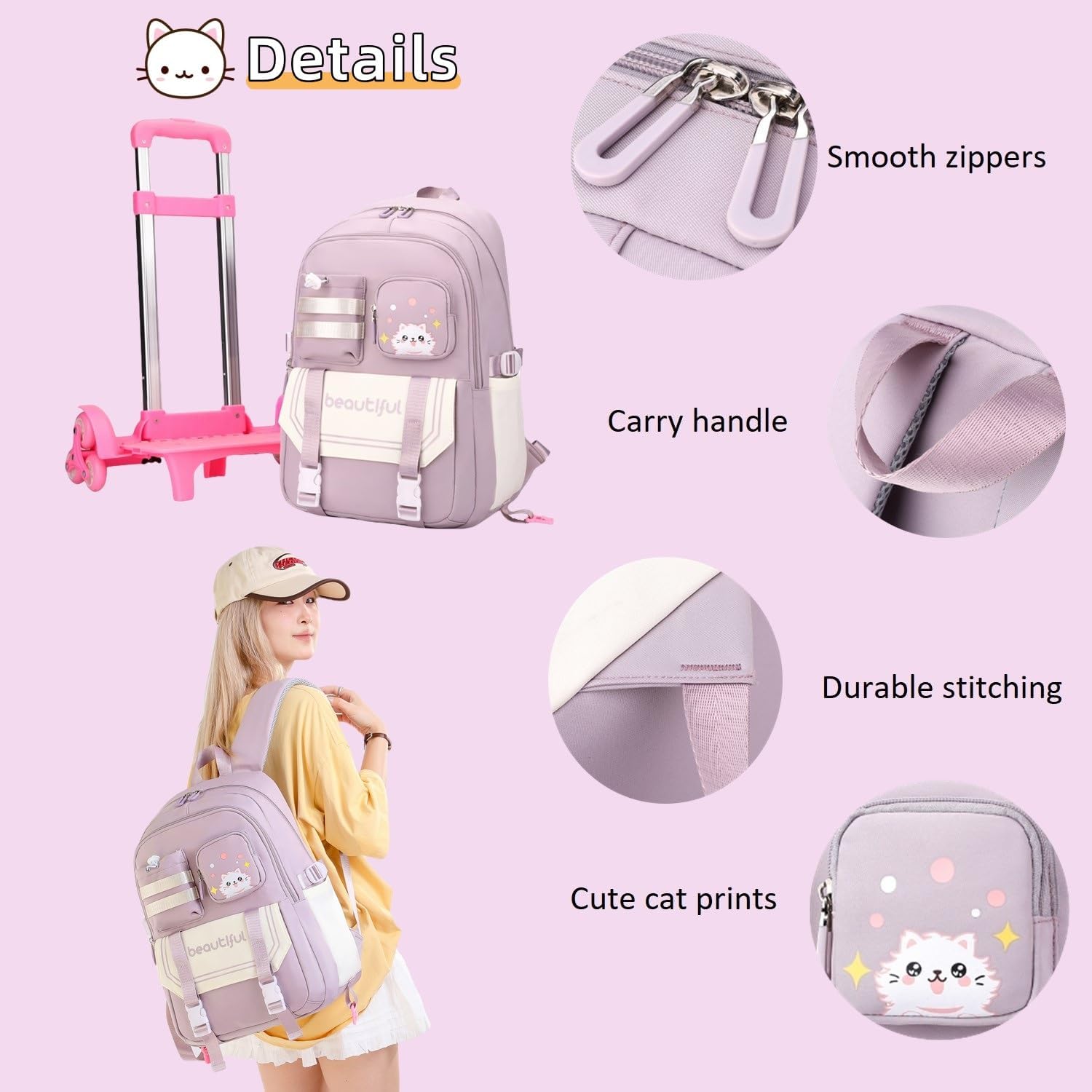 Cat Print Rolling Backpack for Girls Kids Backpack with Wheels Roller Bookbag Trolley School Bag Wheeled Bag Black - Image 3