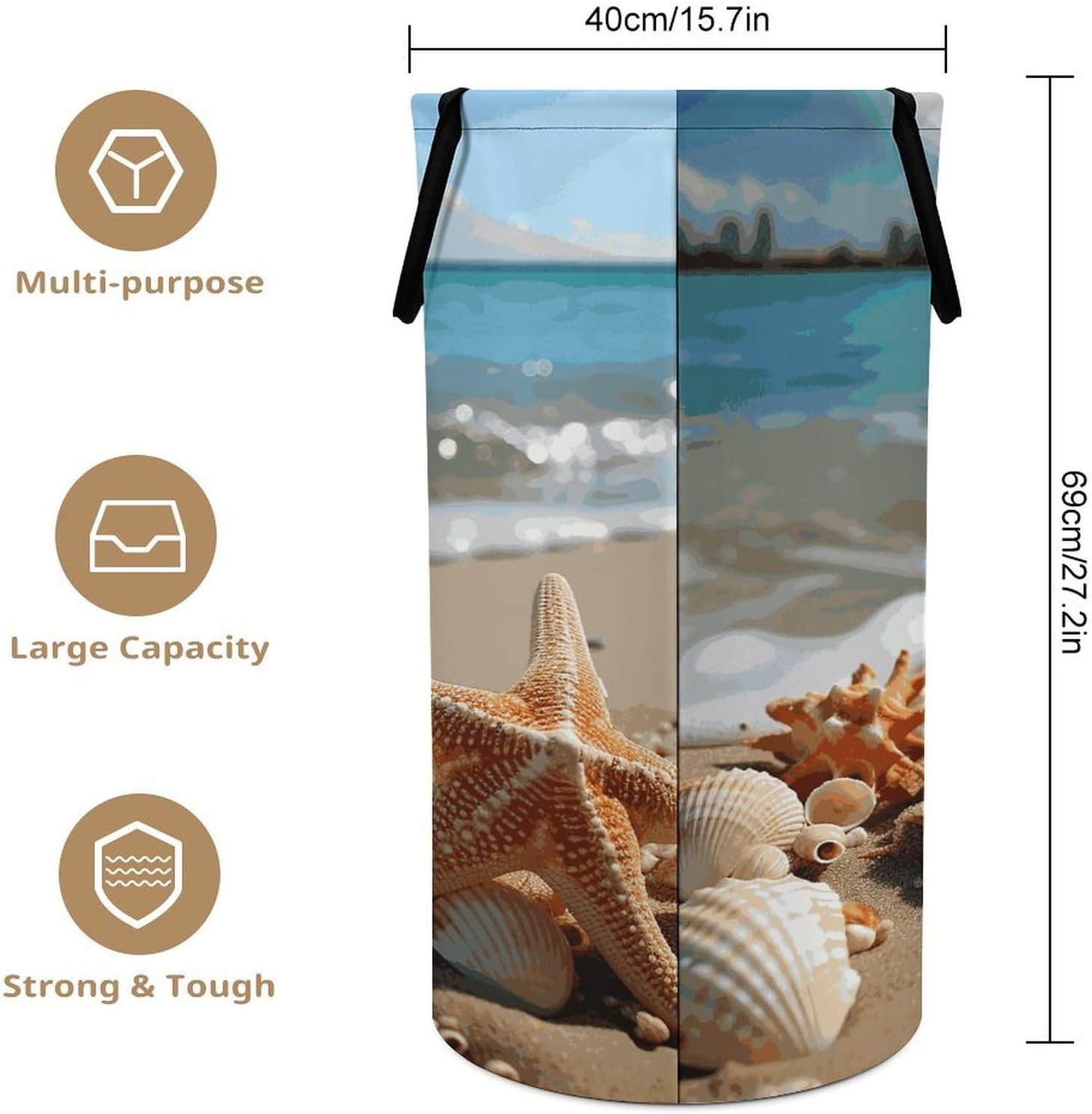 Seashells Starfish on Beach Laundry Hamper with Handles Large Collapsible Laundry Basket Waterproof Freestanding Dirty Clothes Basket Portable Clothes Hamper for Bathroom Bedroom Daily Use