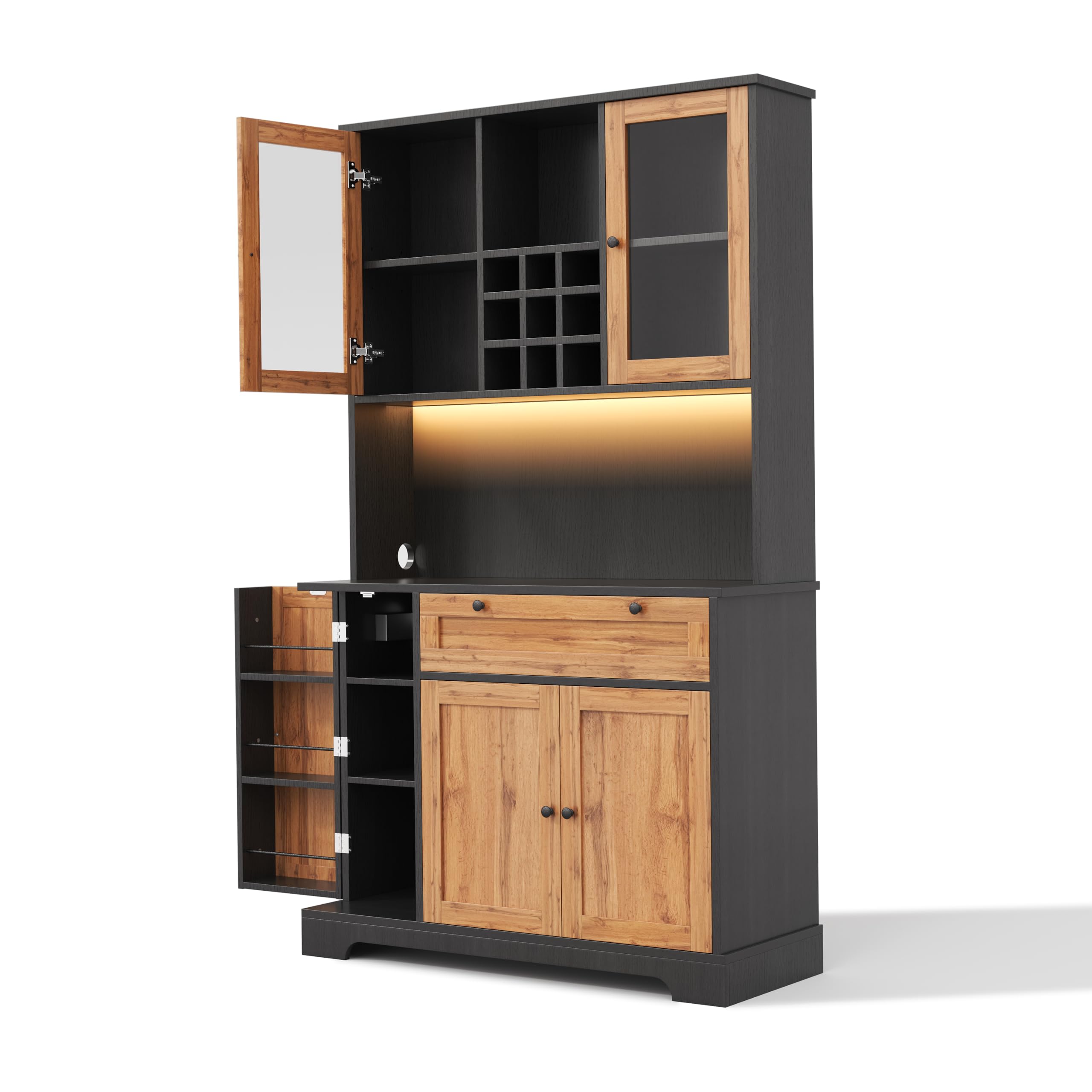Armoire Buffet Multifonction Haute Cuisine Salon, vitrine Verre trempé, étagères réglables, casier vin, tiroir, Portes, réglette LED RGB télécommande appli, Bloc Prises USB (Blanc+Bois)