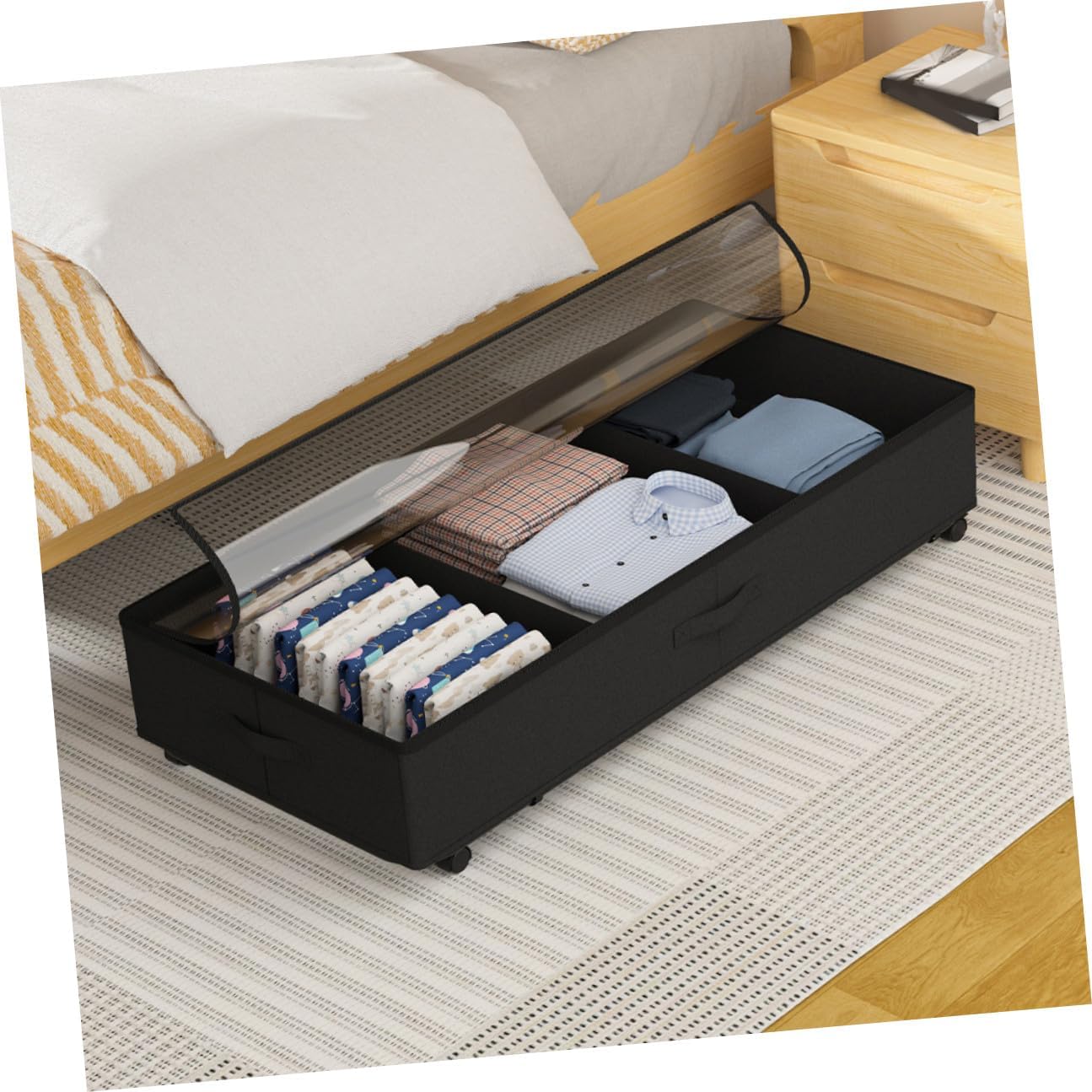 ARTIBETTER Bed Storage Bin with Wheels, 3-compartment Oxford Fabric Organizer, Large Capacity Dustproof Clothes and Storage Cart for Bedroom