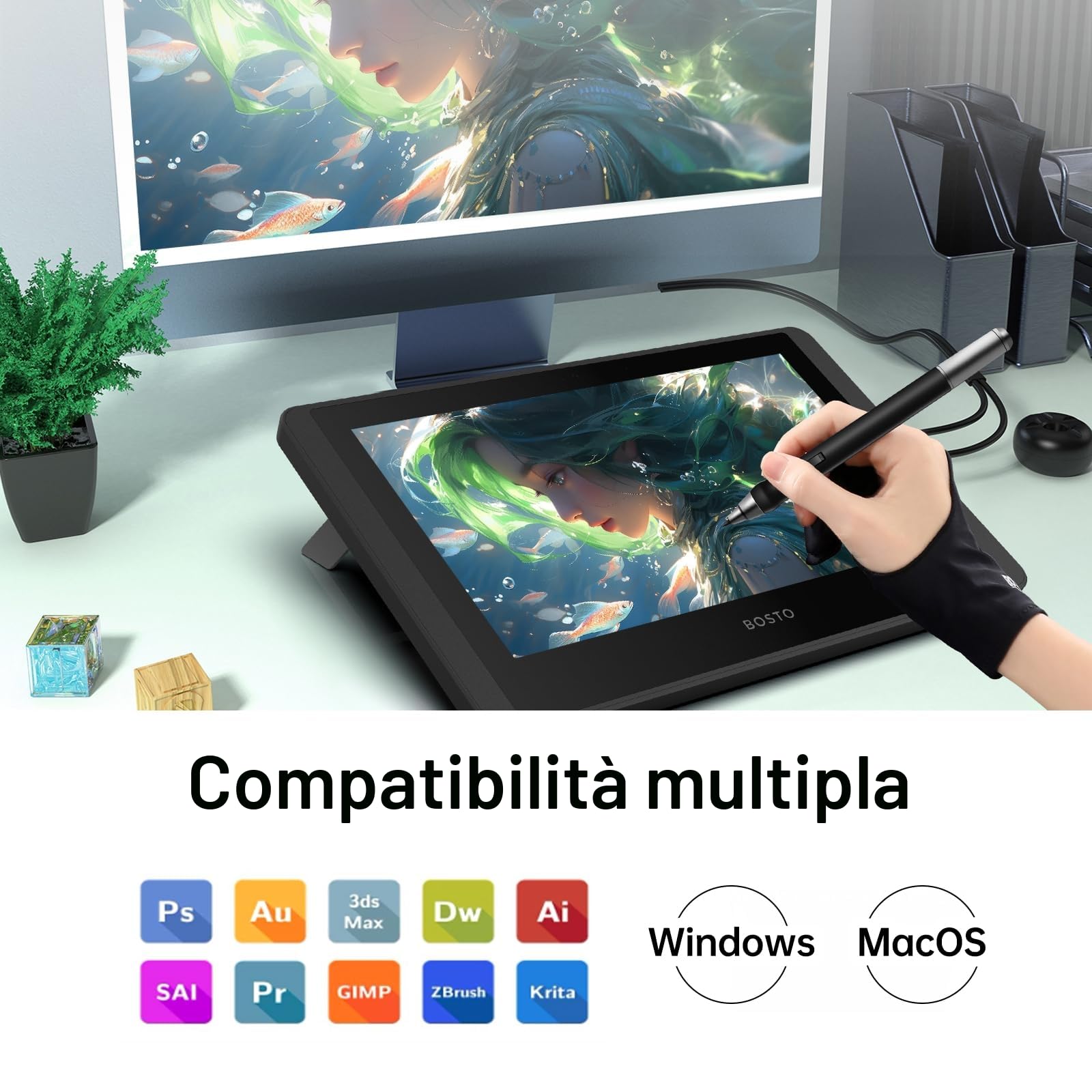 Bisofice 12HD-A Tavoletta Grafica con Schermo Professionale, Display HD 1920×1080 da 11,6 pollici, con Stilo Senza Batteria, per Disegno Digitale e Fotoritocco, Supporta Windows e Mac