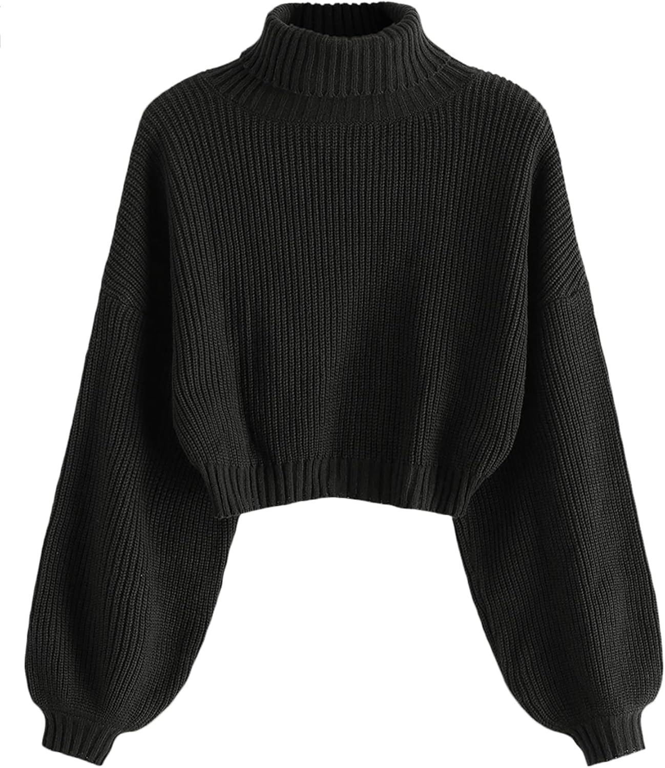 ZAFUL Women's Crew Neck Long Sleeve Pullover Crop Sweater Mock Neck Lantern Sleeve Ribbed Knit Cropped Sweater