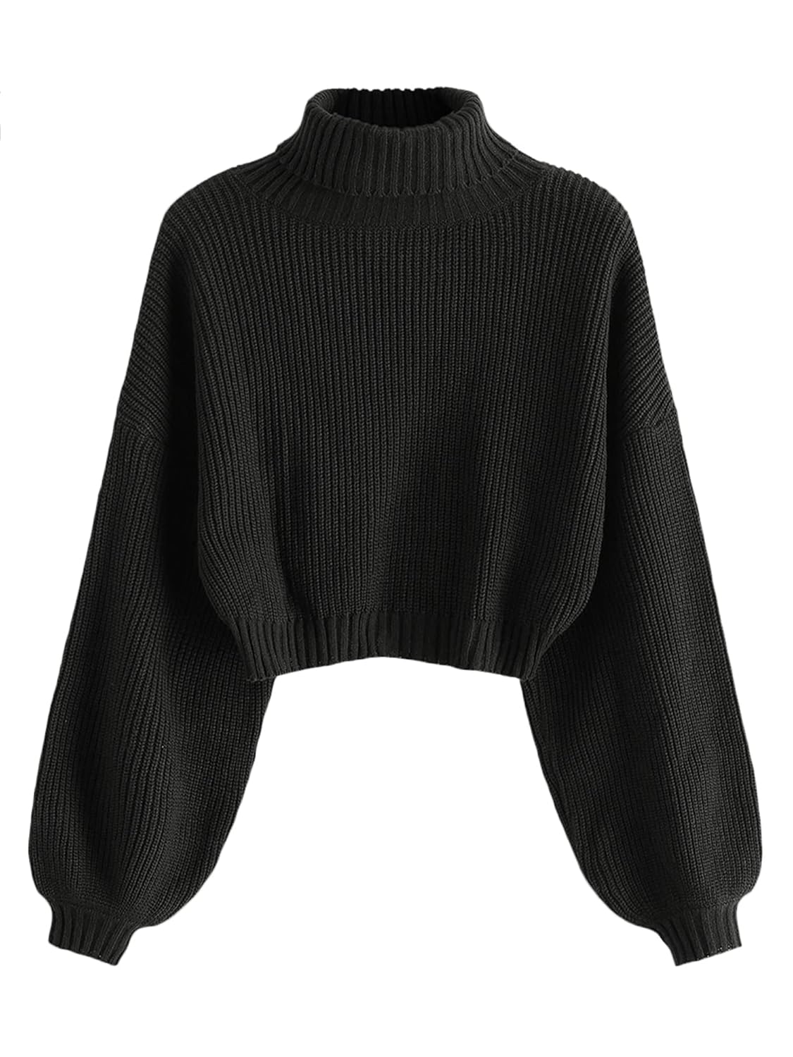 ZAFUL Womens Crew Neck Long Sleeve Pullover Crop Sweater Mock Neck Lantern Sleeve Ribbed Knit Cropped Sweater