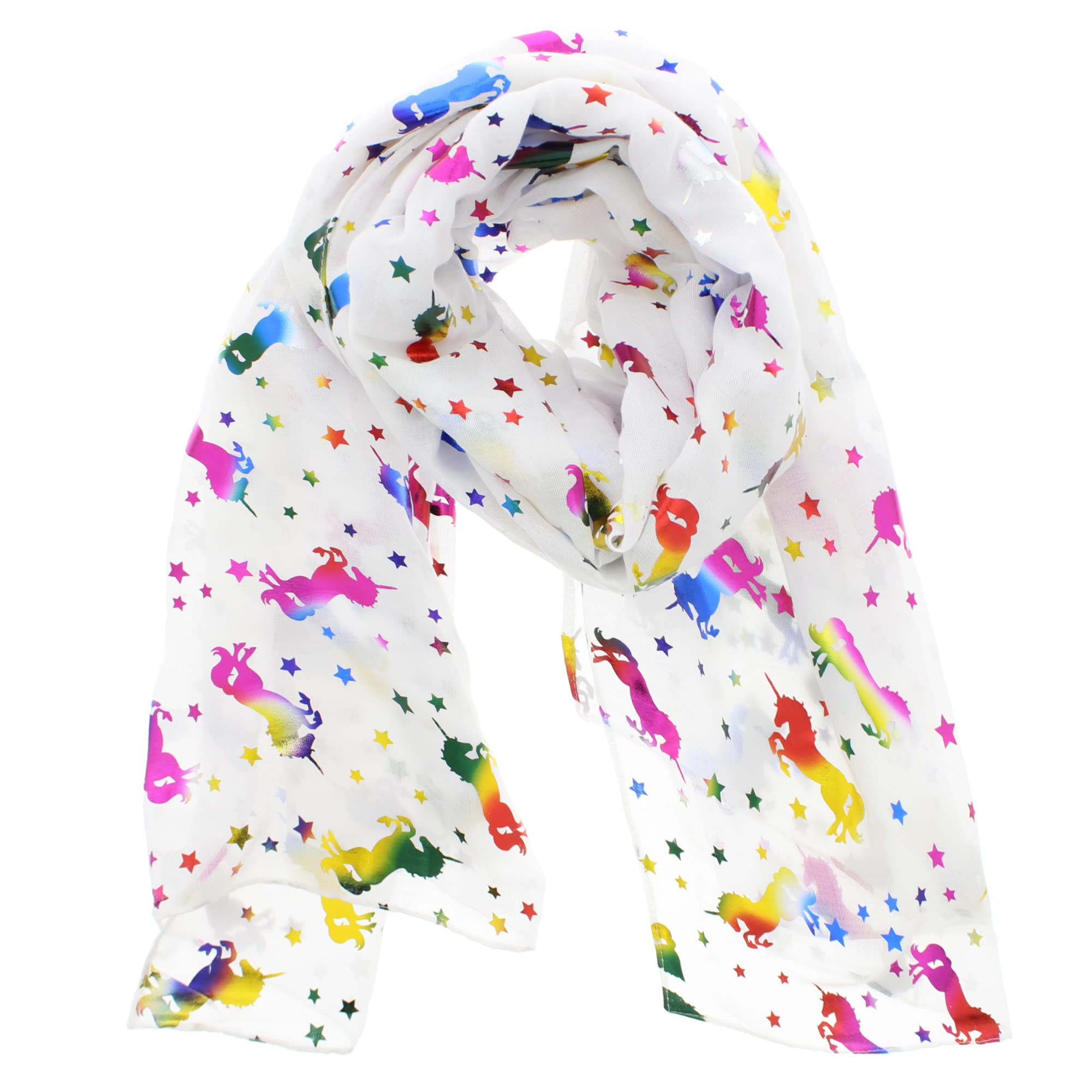 Zac's Alter Ego Women's White Scarf With Rainbow Foil Metallic Glitter Unicorn & Star Print